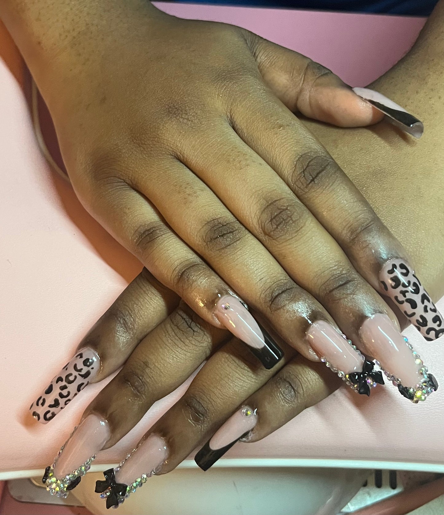 black french tip and bling nails leopard print accent nail